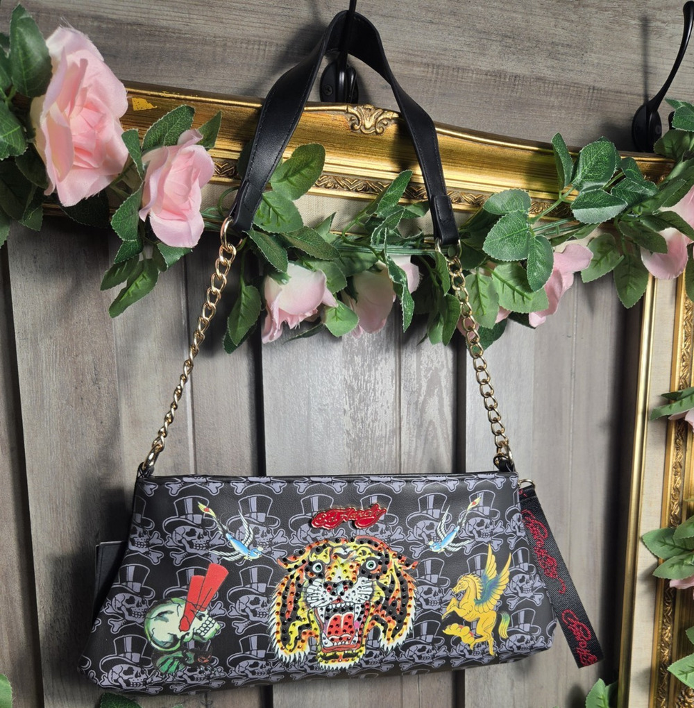 Ed Hardy Tiger Skull Rhinestone Shoulder Crossbody Bag Purse Y2K NWT